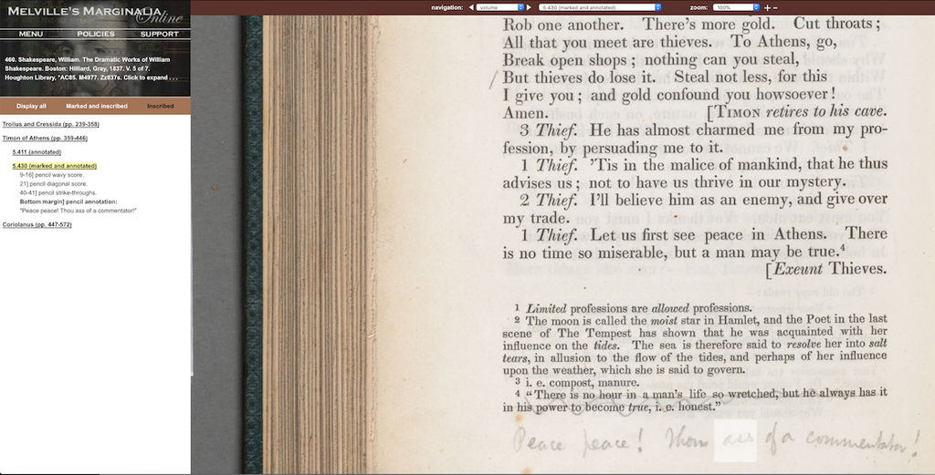 Melville’s marked and annotated page of Shakespeare’s Timon of Athens. Courtesy Melville’s Marginalia Online.